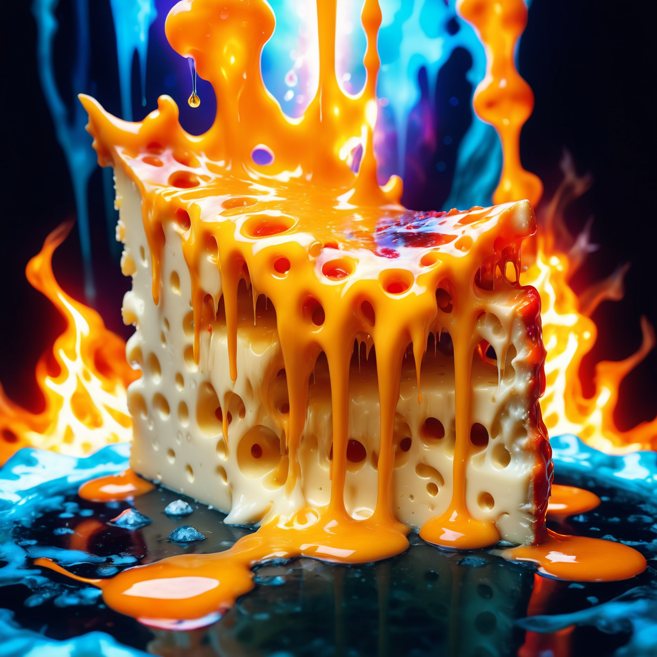 Jed-Drpgcese, masterpiece, full of details <lora:DrippingCheeseStyle-000006:0.8>, 1960'S ("The dance of fire and ice, a delicate balance, showcasing the resilience of nature and the human spirit.":1.1) , Solarpunk Art, Lens Flare, anaglyph effect, modified, magical composition, dynamic background, inspired, beautiful, aesthetic, highly enhanced