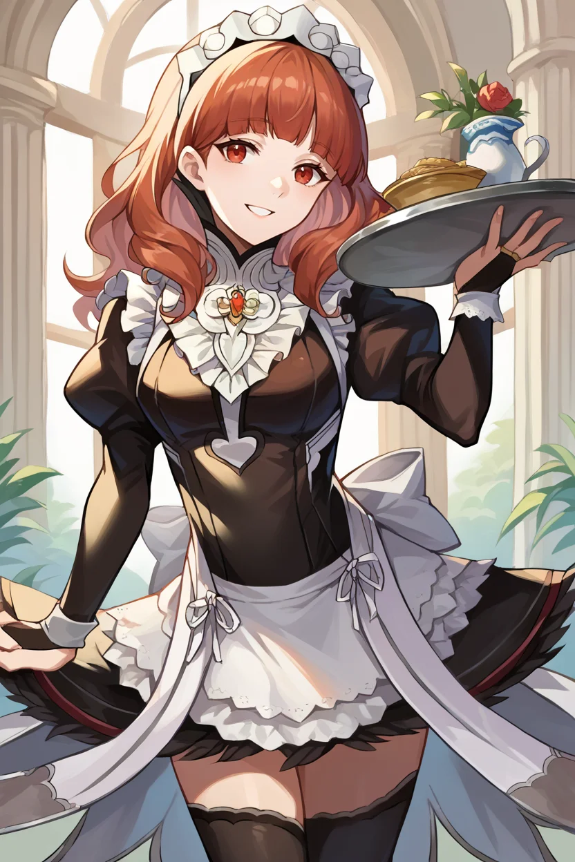 score_9, score_8_up, score_7_up, score_6_up, source_anime, BREAK 1girl, solo, <lora:fecelica-pdxl-nvwls-v1-000005:1> defCeli, red hair, red eyes, <lora:fatesmaid-fe-richy-v1_pdxl:1> fates maid, maid headdress, maid apron, bridal gauntlets, black thighhighs, mansion, looking at you, holding tray, smile, hand on hip