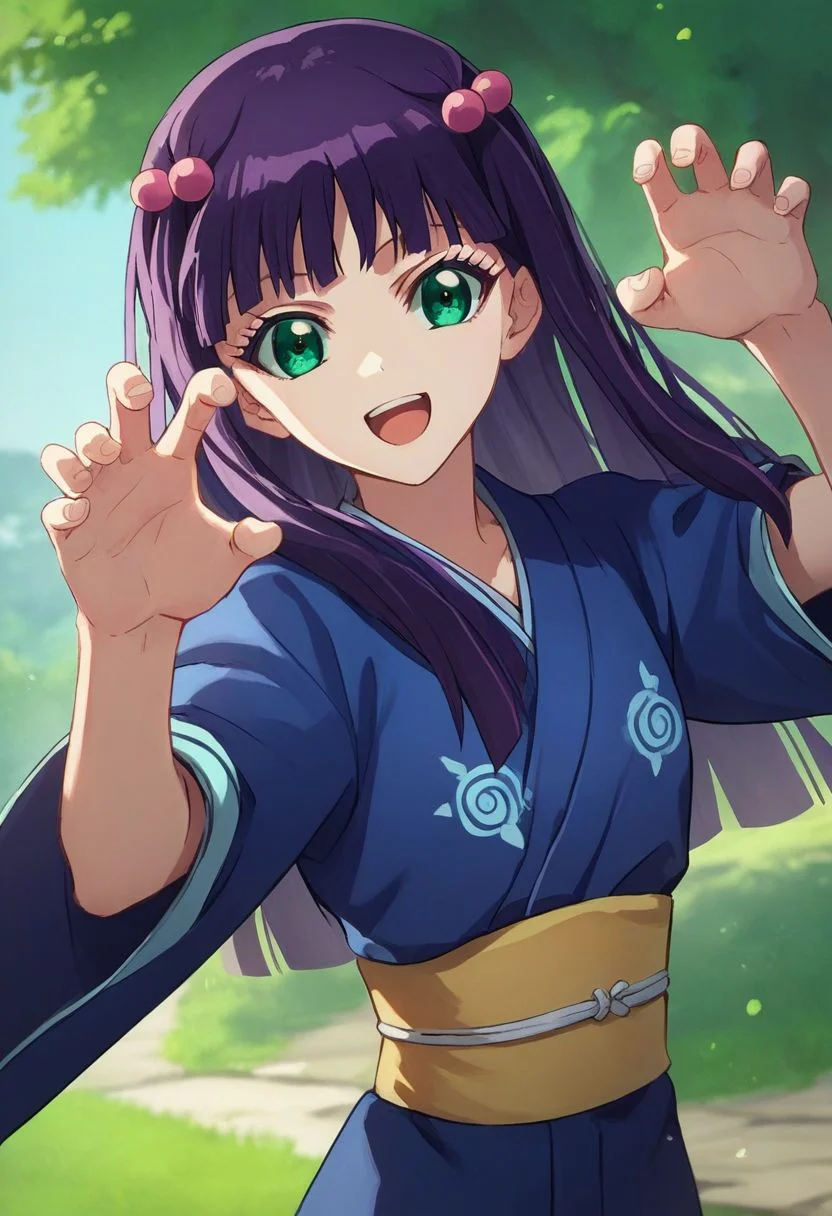 score_9, score_8_up, score_7_up, source_anime, medium portrait of ben1o, benio adashino, 1girl, solo, purple hair, long hair, green eyes, hair ornament, bangs, hair bobbles, happy, dynamic pose, japanese clothes, outdoors, lush background, looking at viewer <lora:ben1oXL:1>