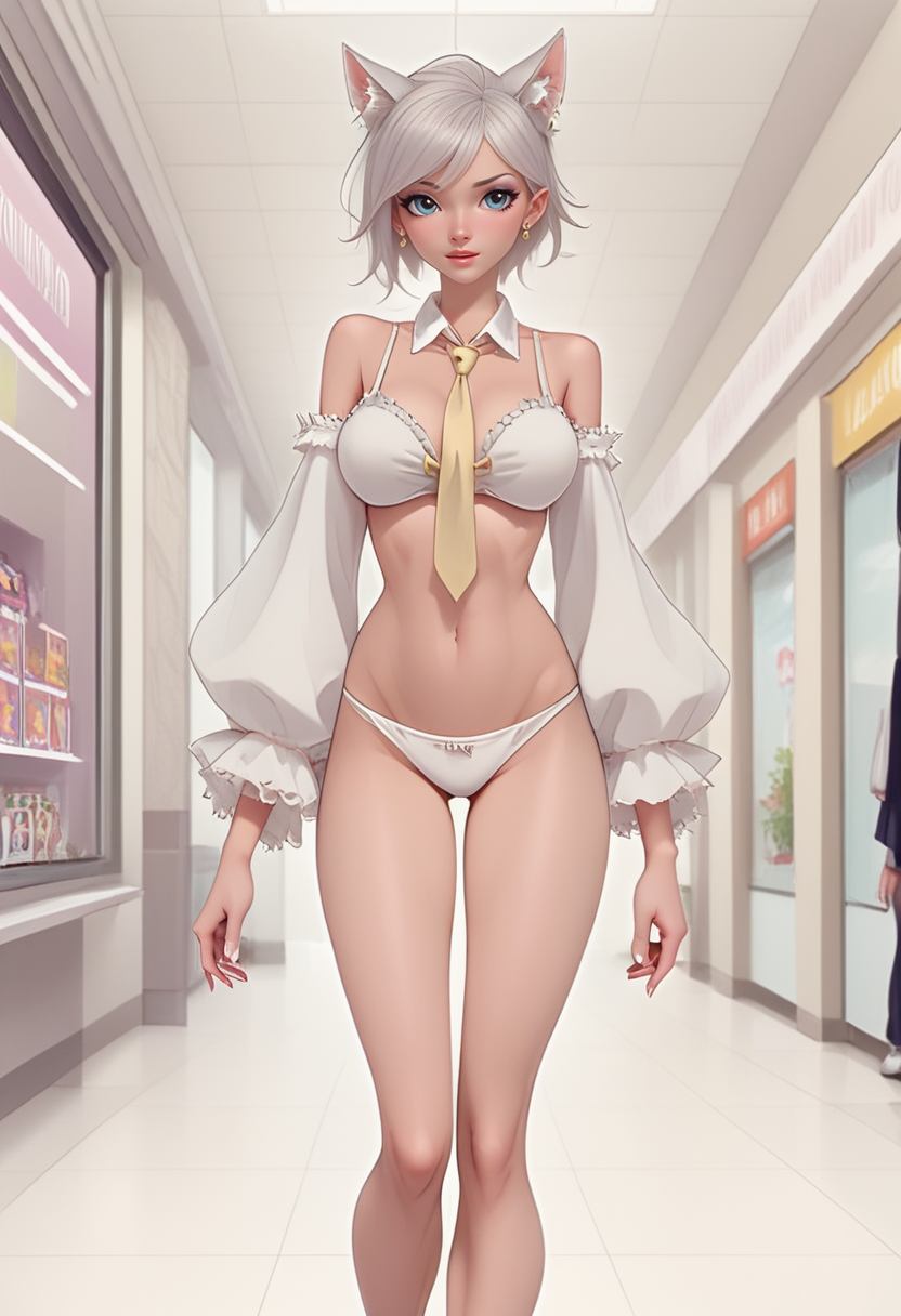 oogami, 1girl, solo, black hair, short hair, bangs, ,animal ear fluff, yellow necktie, pleated , school uniform, large breasts, anime,source_anime,1girl,,standing in a mall, eating a lollipop sw1nl1ke, 1girl, solo, grey hair, short hair, underwear, detached sleeves, panties, white panties, white bra , absolute masterpiece, best quality, ultra detailed  , Expressiveh <lora:Pony_Sw1nL1ke_LORA-000004:1> <lora:Expressive_H:1>, score_9_up, score_8_up, score_7_up, best_quality , 5 fingers, 5 toes