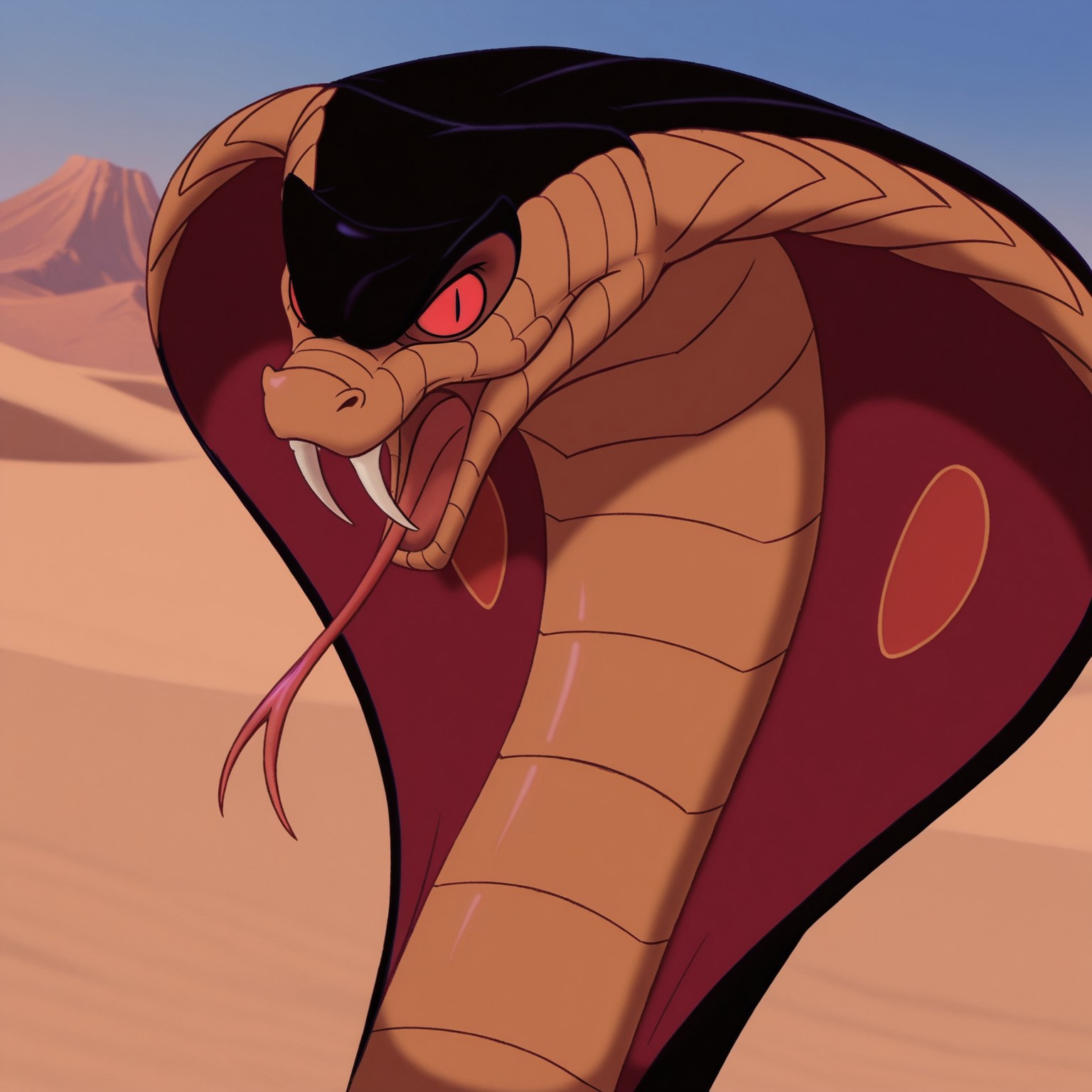 8k, uncensored, masterpiece, best quality, highly detailed, realistic, 1boy, solo, furry, feral, scalie, snake, cobra, reptile,  snake hood, red sclera, black eyes, slit pupils, dark-orange body, dark-orange scales, black body, black scales, two tone body, two tone scales, (smile), looking at viewer, desert, sand, sunny, front view, detailed background, upper body, open mouth, forked tongue, narrowed eyes