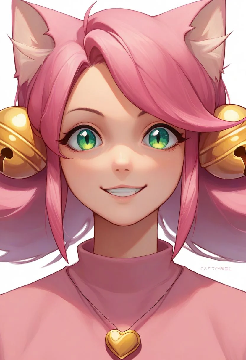 score_9, score_8_up, score_7_up, source_anime, solo, 1girl, Mew Mew, catgirl, pink hair, green eyes, cat ears, bells, pink shirt, heart locket, smile, portrait, close up, half body, standing, arms at sides, looking at viewer, standing, white background
