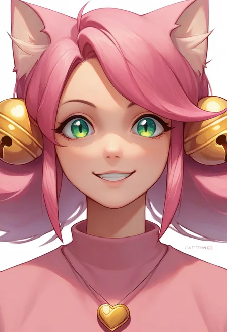 score_9, score_8_up, score_7_up, source_anime, solo, 1girl, Mew Mew, catgirl, pink hair, green eyes, cat ears, bells, pink shirt, heart locket, smile, portrait, close up, half body, standing, arms at sides, looking at viewer, standing, white background