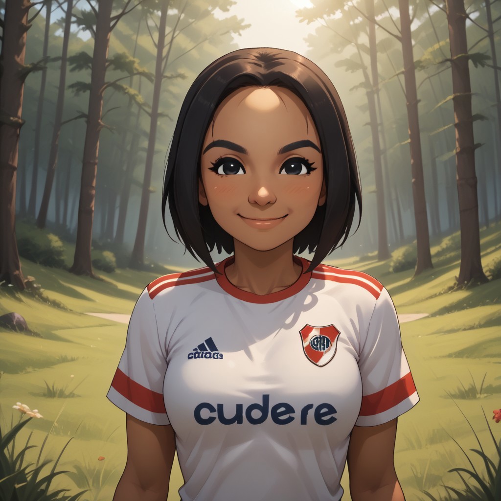score_9, score_8, BREAK, solo, 1girl, black hair, black eyes, black eyebrows, blush, dark skin, dark skin female, RiverPlate, striped shirt, striped, shirt, white shirt, short sleeves, clothes writing, sportswear, soccer uniform, breasts, Yunyun_(Wii_Sports), cute, tall, thin, skinny, sexy pose, self portrait, smile, outdoors, sunlight, shadows, evening lighting, natural lighting, forest, trees, grass, orange sky, sunset