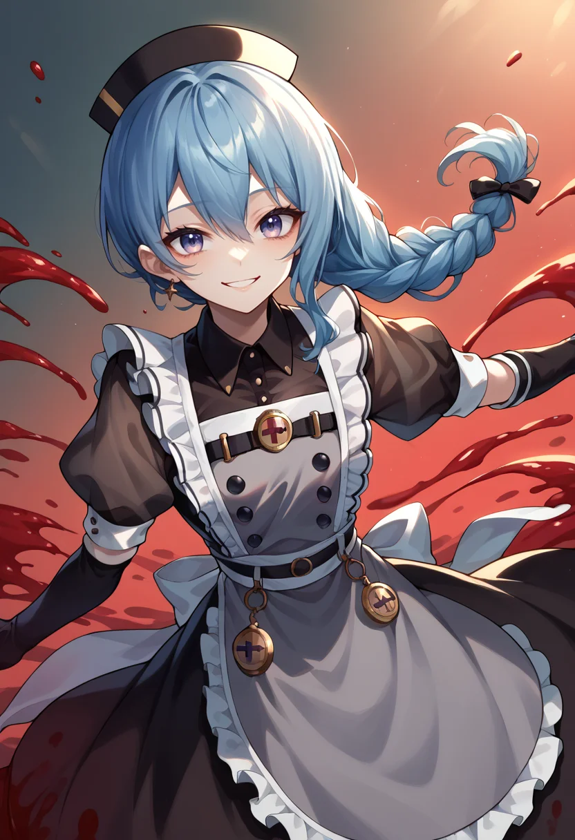 score_9, score_8_up, score_7_up, SuiseiMaid, long hair, single braid, black nurse cap, double-breasted grey apron, chest belt, elbow gloves, crinoline, black pantyhose, smile, blood, blood on clothes, yandere, horror, <lora:CHAR-HoshimachiSuiseiPonyXL:1>