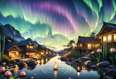 cinematic, (masterpiece), (best quality), (ultra-detailed), very aesthetic, illustration, perfect composition, intricate details, absurdres, (anime, masterpiece, intricate:1.3), (best quality, hires textures, high detail:1.2), (4k),(incredibly detailed:1.4)
houses near hot spring, mist, rocks, Peony, glittery mist, moonlight, sky, lots of stars in the sky, water reflections of the night sky, (bamboo), aurora, lotus floating on water with candle, flower petals in the water, moon in the sky, Anime art style, <lora:more_details:0.5>