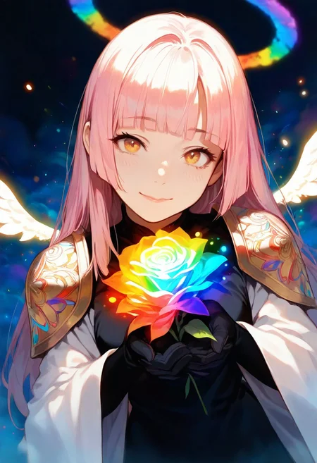 masterpiece, best quality, amazing quality, very aesthetic, absurdres,
1girl, halo, young, ornate white holy robes, pink hair, shoulder armor, glowing yellow eyes, lips, angel wings, straight hair, (hime style), (hime cut), (blunted bangs), make up, gold embroidery
,magic circles, sweet expression, looks at the flower, close-up of face, face in shadow, body in shadow, dark setting, beautiful black dress, gloves on her hands, thin lips, narrow mouth, cat's smile, solo upper body, angle from above, Dutch angle, hand near the face, holding a flower, rose, rainbow, crystal, fragile, transparent, luminous, magical rose, very beautiful, bright, multicolored, bright magical particles, smoke, fog, multicolored, small, colorful, explosion of colors, soft light, vibrant colors, multicolored rainbow light, focus on face, lots of soft light and colorful particles, colorful, masterpiece, best quality, amazing quality, very aesthetic, absurdres, newest, soft light, explosion of colors, masterpiece, best quality, colorful, bright, multicolored, bright colors of paint, masterpiece, best quality, amazing quality, very aesthetic, absurdres, lots of multicolored rainbow light, focus on the face, lots of soft light, soft colors, lots of colorful particles, dark, hard to see,