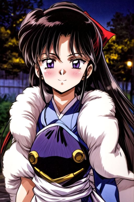 best quality 1girl Setsun4 solo long hair,  (night time) forest background black hair very long hair purple eyes multicolored hair armor, small, (fur trim) (medium body),<lora:EMS-179-EMS:0.800000>,<lora:EMS-293862-EMS:0.800000> bow, hair_bow, hair_tubes, red_bow, brown_hair, long_hair, bangs, ascot, frilled_bow, yellow_ascot, blush, smile, hair_between_eyes, athletic, armor, miko, strengthmda,  Smiling, happy, dragoon helmet