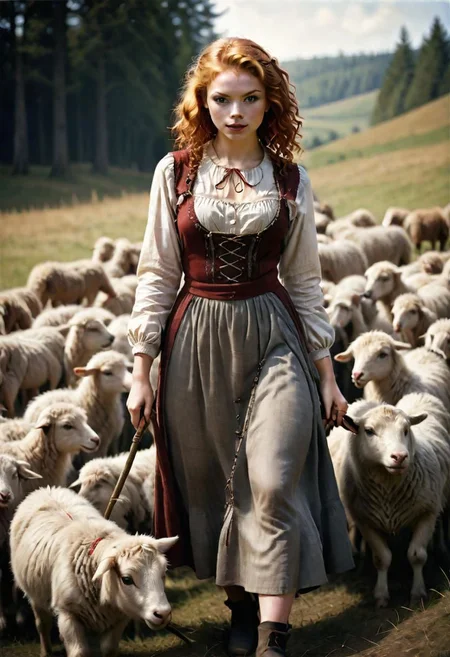 redhead, woman 18 yo, very red curly hair, ginger,
Analog film photograph, extremely detailed, photorealistic, professional photograph,
1girl, grrrl,
wearing homespun peasant dress,
shepherdess holding a shepherd's crook, flock of sheep,