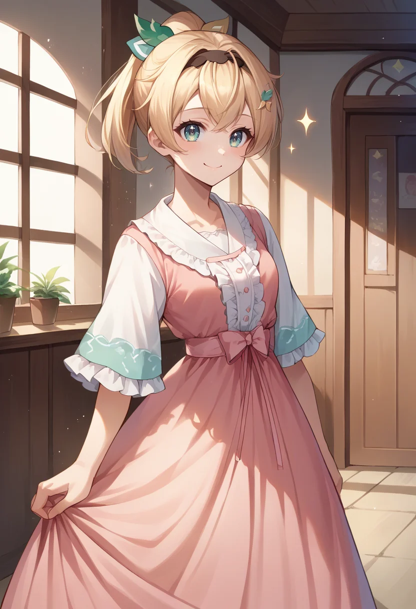 score_9, score_8_up, source_anime, KazamaIroha, hair ornament, hairband, ponytail, cute, long dress, pink dress, frills, bow, :d, sparkles, sparkling, smile, indoors, standing, <lora:CHAR-KazamaIrohaPonyXL:1>
