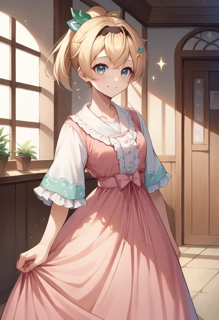 score_9, score_8_up, source_anime, KazamaIroha, hair ornament, hairband, ponytail, cute, long dress, pink dress, frills, bow, :d, sparkles, sparkling, smile, indoors, standing, <lora:CHAR-KazamaIrohaPonyXL:1>