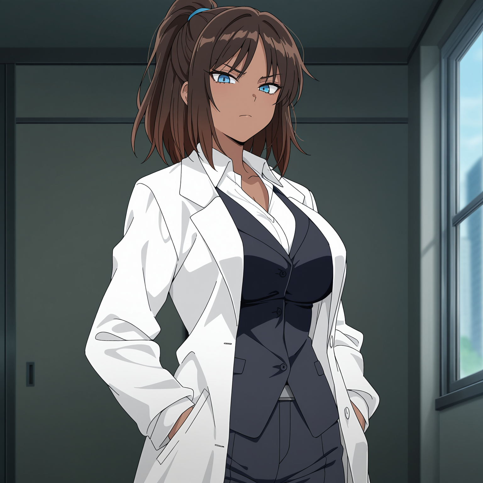 masterpiece, best quality, amazing quality, anime screencap, 1girl, solo, standing, cowboy shot, looking at viewer, serious, <lora:RanLC:0.9>, RanLC, dark skin, brown hair, high ponytail, blue eyes, tsurime, large breasts, business suit, lab coat,