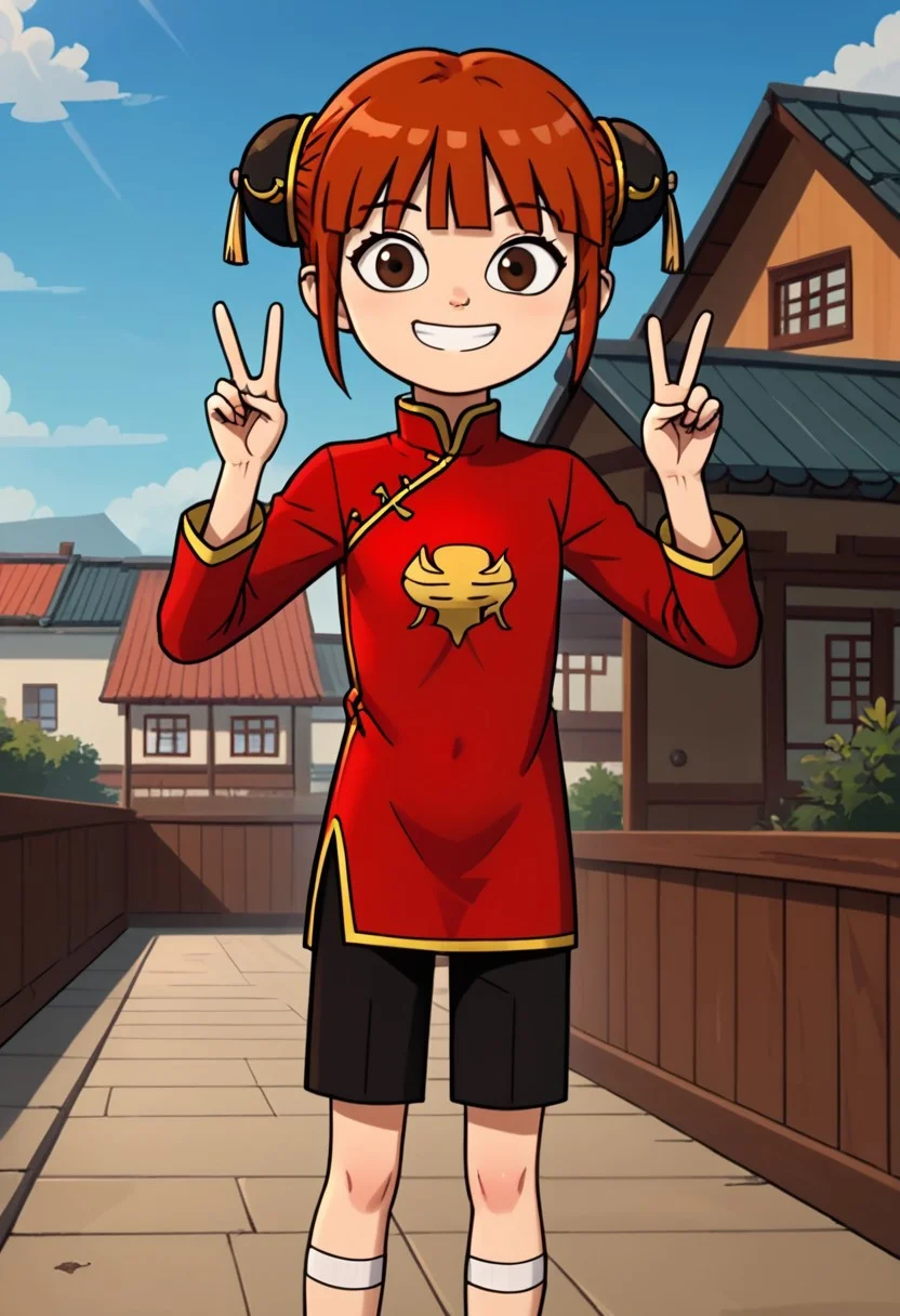 score_9, score_8_up, score_7_up, 1girl, solo, Fiore_DC, light skin, brown eyes, red hair, short hair, Double bun, bun cover, black bun cover, bangs, white socks, sandals, Chinese clothes, China dress, red cheongsam, long sleeves, black pants, big eyes, young, petite, small body, short body, child, flat chested, social smile, perfect eyes, perfect smile, looking at the viewer, detailed eyes, perfect eyes, standing, five fingers, perfect hands, hands sign peace, high-tech oedo town, blue sky, daytime, good weather, nice