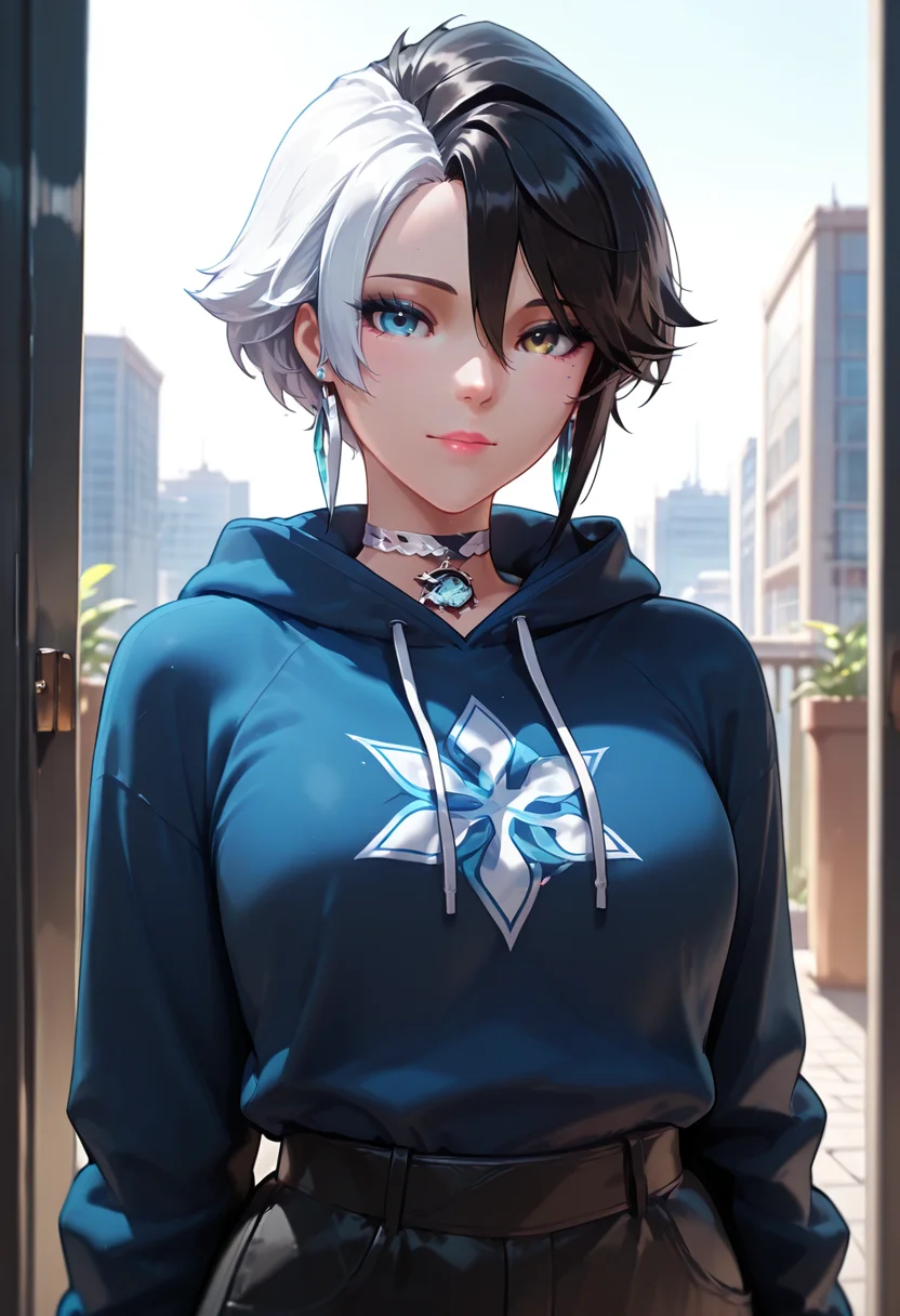 masterpiece, best quality,absurdres, ultra-detailed, high resolution,

luna_snow, 1girl, solo, black hair, white hair, looking at viewer, hoodie, jewelry
