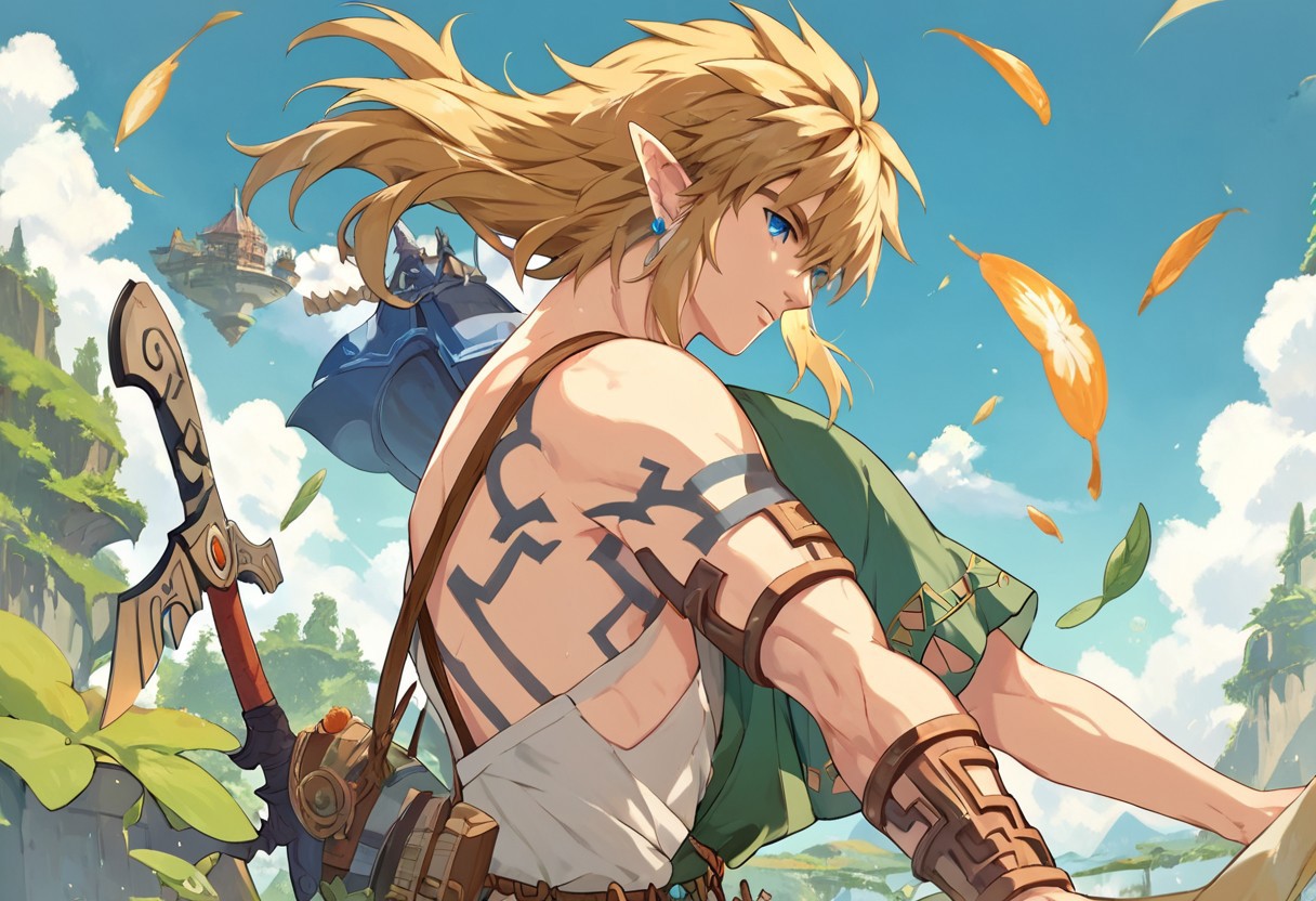score_9, score_8_up, score_7_up, score_6_up, masterpiece, best quality, amazing quality, best aesthetic, intricate details, link, long hair, loose hair, blond hair, blue eyes, blue earrings, tattoos on the arm,mazjojo, outside, flying islands, blue sky