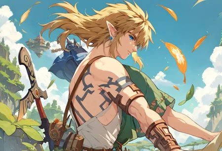 score_9, score_8_up, score_7_up, score_6_up, masterpiece, best quality, amazing quality, best aesthetic, intricate details, link, long hair, loose hair, blond hair, blue eyes, blue earrings, tattoos on the arm,mazjojo, outside, flying islands, blue sky