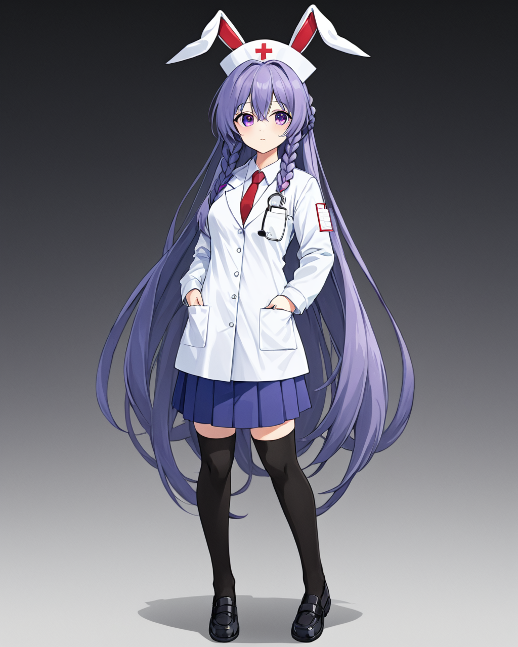 reisen udongein inaba,1girl, solo, red_necktie, labcoat, collared_shirt, black_thighhighs, white_shirt, hands_in_pockets, full_body, black_footwear, pleated_skirt, nurse_cap, buttons, shoes, pocket, id_card, blue_skirt, looking_at_viewer, red_cross, braid, standing, long_sleeves, coat, mouth_hold, purple_skirt, wing_collar, black_skirt, nurse, doctor, clipboard
<lora:reisen_udongein_inaba_image7606_2023-12-20-000006:1>,star-shaped_pupils,symbol-shaped_pupils,. gorgeous,key visual, vibrant, studio anime,award-winning, professional, highly detailed,high budget, cinemascope
