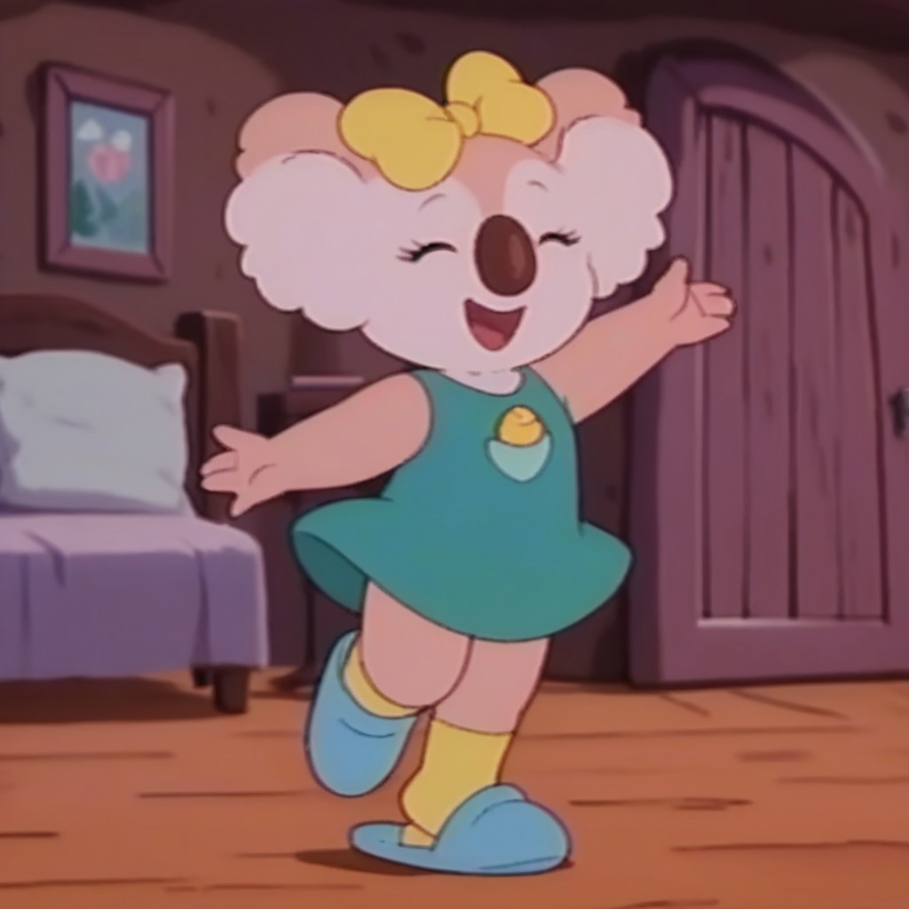 score_9, score_8_up, score_7_up, score_6_up, score_5_up, score_4_up, source_furry, Laurakoala, semi-anthro, female, koala, peach fur, green dress, yellow bow, yellow socks, blue slippers, dancing, bedroom,