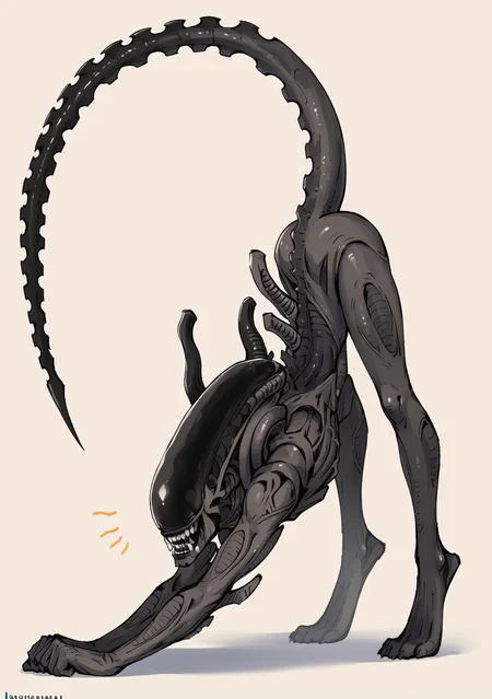 score_9, score_8_up, score_7_up, score_6_up, score_5_up, score_4_up, masterpiece, high quality, BREAK, full body, BREAK, <lora:Cat_Stretch_Pose_Pony:0.8> cat stretch, arched back, stretch, pose, stretching, <lora:Zenomorphification_Alien_PonyXL:0.8> zenomorphification, zenomorph, large head, long head, black skin, alien, sharp teeth,