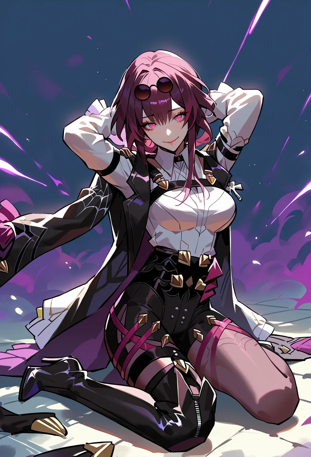 score_9, score_7_up, source_anime, kneeling, arms behind head, BREAK <lora:AEKafka:1> aekafka, sunglasses, jacket on shoulders, collared shirt, arm belt, chest harness, purple gloves, black shorts, high-waist shorts, pantyhose under shorts, purple pantyhose, thigh strap, asymmetrical footwear, single thigh boot, black footwear, high heel boots, straight-on, seductive smile,