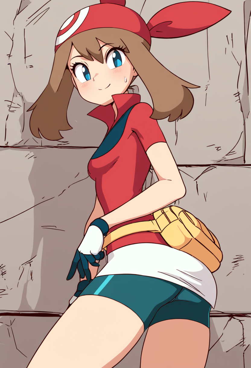 (masterpiece, best quality, good quality, very aesthetic, absurdres, newest:1.2),  zzMay, solo, brown hair, blue eyes, medium hair,   red shirt, bike shorts, red bandana, red shirt, gloves,  white miniskirt, yellow belt,  ,     <lora:MayPokemon_NAI:1.0>, , smile, looking at viewer, cowboy shot,  ,<lora:Diives_NAI:1.0>,