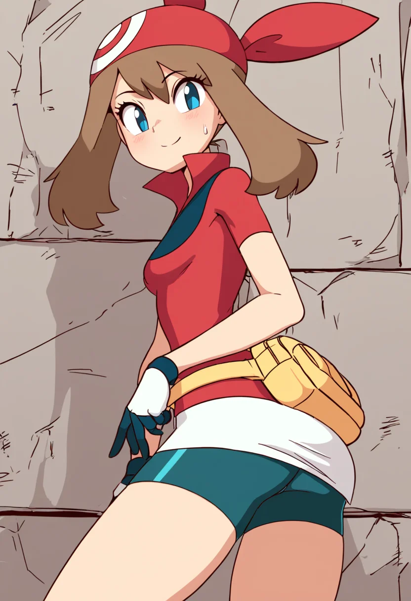 (masterpiece, best quality, good quality, very aesthetic, absurdres, newest:1.2), zzMay, solo, brown hair, blue eyes, medium hair, red shirt, bike shorts, red bandana, red shirt, gloves, white miniskirt, yellow belt, , <lora:MayPokemon_NAI:1.0>, , smile, looking at viewer, cowboy shot, ,<lora:Diives_NAI:1.0>,
