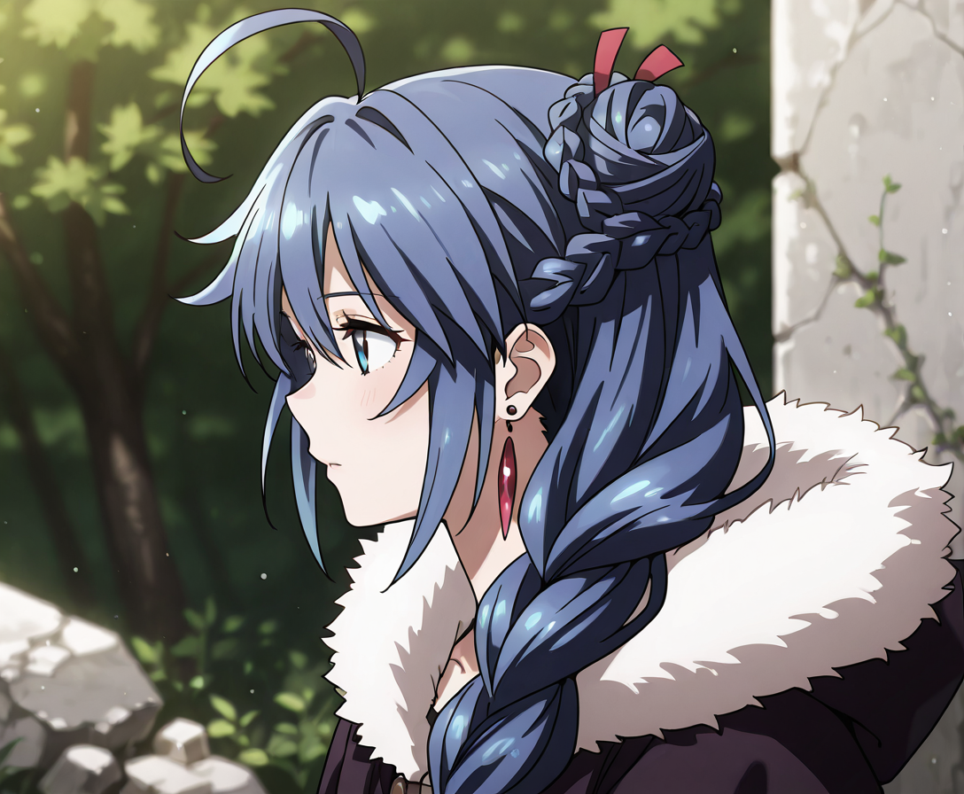 masterpiece, best quality, very aesthetic, absurdres, anime, detailed, detailed background, ruins, BREAK, phoena/(cc/),1girl,solo,blue eyes,blue hair,long hair,bangs,hair ornament,hair ribbon,hair between eyes,braid,single braid,hair bun,single hair bun,hair over shoulder,ahoge,earrings,hood,hood down,cloak,fur trim