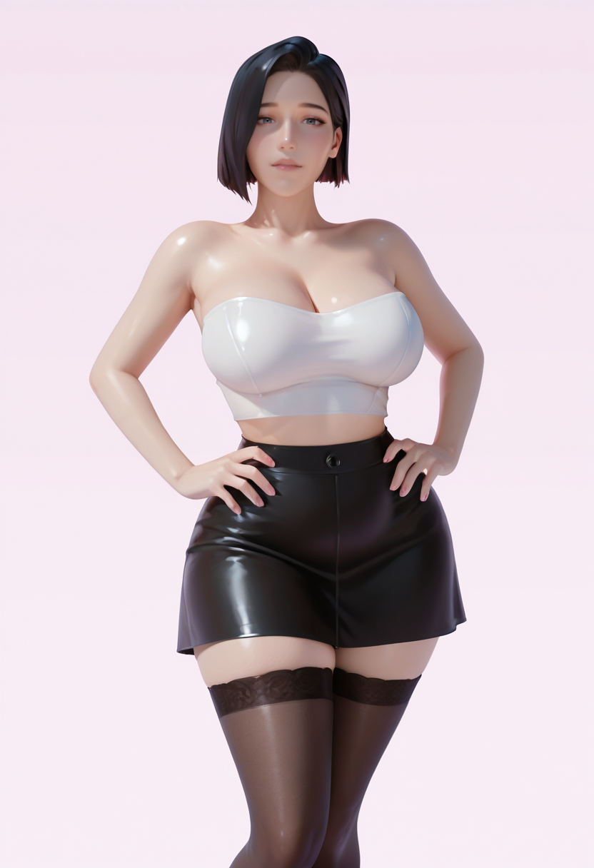 masterpiece, best quality, amazing quality, very aesthetic, absurdres, newest,
 <lora:Knorin:1> S4s4k1Nsfw,   mature female, 1girl, solo,standing,hands on own hips, looking at viewer, black hair, short hair, white crop top, strapless, thighhighs, zettai ryouiki, collarbone, cleavage, black miniskirt, pink background, simple background, portrait,