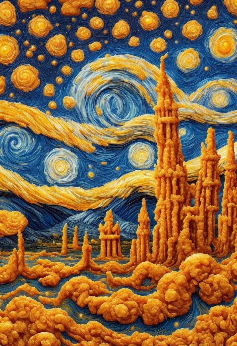 Van Gogh's painting Starry Night made of deep fried & crispy breading, Deep-Fried & Crispy Style. detail