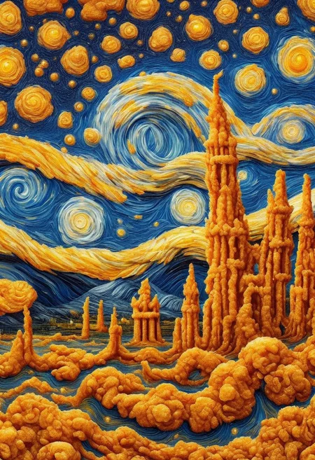 Van Gogh's painting Starry Night made of deep fried & crispy breading, Deep-Fried & Crispy Style. detail