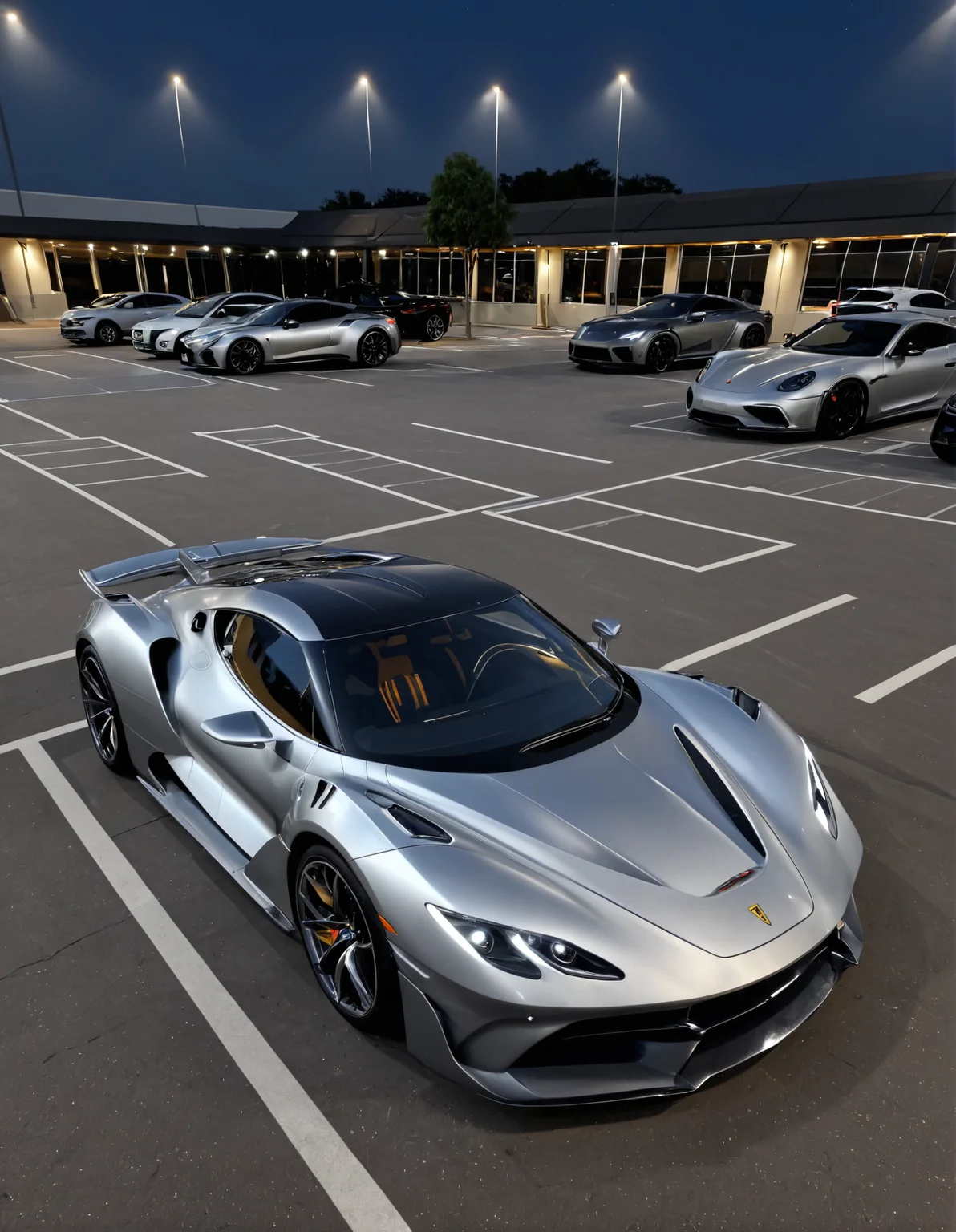 ethereal fantasy concept art of  <lora:Zoom_Cars:1>,Cornelisz Hendriksz Vroom,, a silver sports car parked in a parking lot at night with its lights on and a black roof and a parking lot with parking spaces [26], . magnificent, celestial, ethereal, painterly, epic, majestic, magical, fantasy art, cover art, dreamy