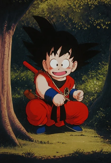score_9, score_8_up, score_7_up, front view, son goku, black hair, black eyes, spiked hair, monkey tail, male, (chibi), dougi, print topwear, red topwear, red pants, blue sash, perfect, hands, kawaii, perfecteyes, stunning eyes, joyful expression, nose blush, smile, embarrassed pose, forest background,