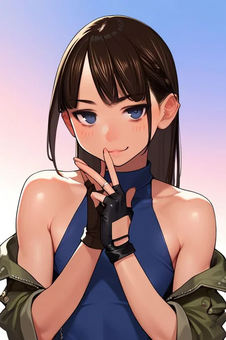score_9, score_8_up, score_7_up, 1girl, seductive smile, bronze hair, asymmetrical_bangs, single_hair_ring, dark_blue eyes, flat chest, fingerless gloves, military base, bright <lora:yomu_(sgt_epper)_PonyXL_style_v01:1>