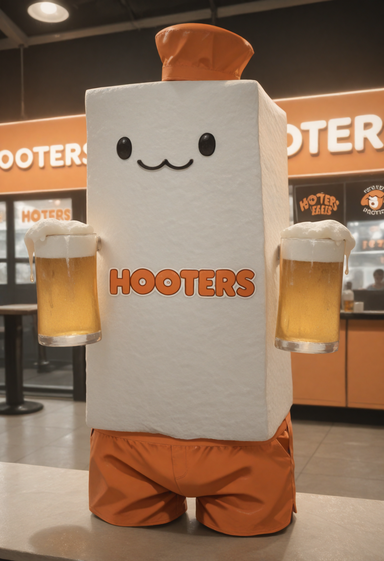 absurdres, highly-detailed, best quality, realistic, realism, masterpiece, very aesthetic, 1boy, solo, t0fu, pokemon (creature), hooters outfit, holding beer, hooters restaurant background