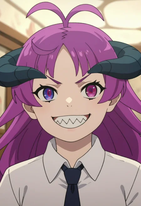 score_9, score_8_up, score_7_up, source_anime, anime screencap, anime coloring, <lora:add-detail-xl:3>,masterpiece,solo,,
BREAK
<lora:kishirika_k:0.8> kk, mt style, 1girl, heterochromia, purple hair, long hair, antenna hair, demon horns, portrait, collared shirt, white shirt, necktie,,,
sharp teeth, smile, looking at viewer,