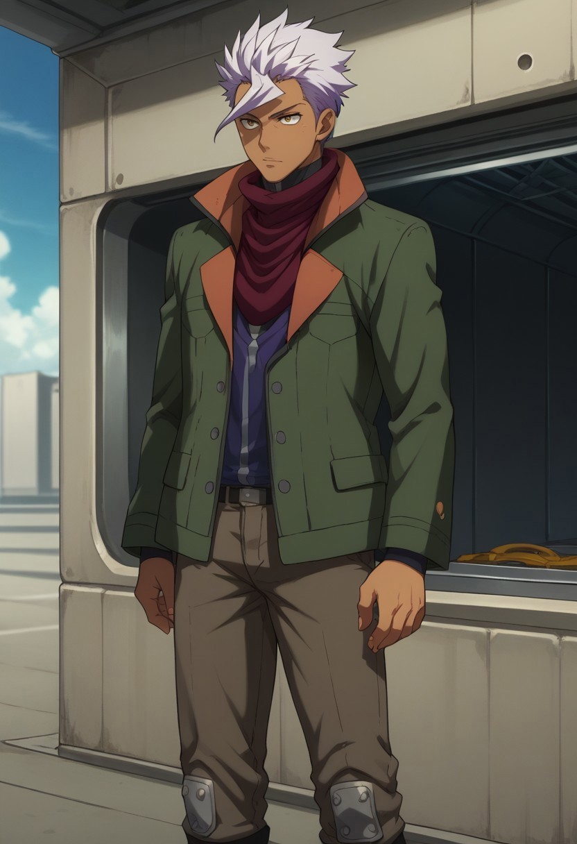 score_9, score_8_up, score_7_up, source_anime, highly detailed,

itsuka, 1boy, solo, male focus, dark-skinned male, jacket, white hair, yellow eyes, dark skin, standing, pants, open jacket, green jacket, spiked hair, open clothes, knee pads, scarf, purple scarf, upper body

indoor, hangar,