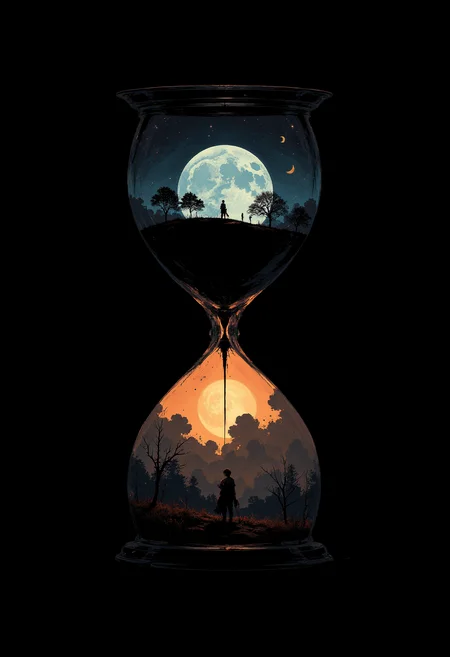 A silhouette of an hour glass, the top portion shows a night time scene with a full moon and the bottom portion shows a day time scene with the noon sun, black background