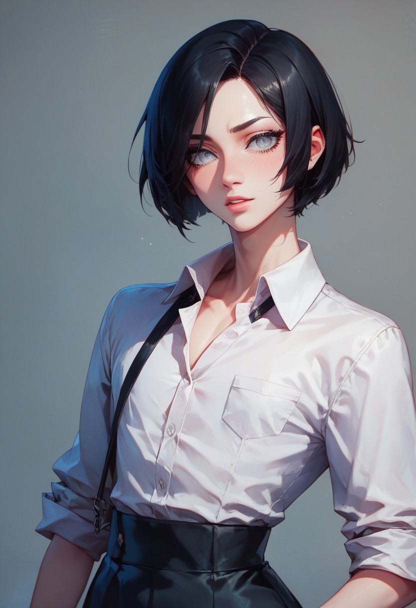 score_9, score_8_up, score_7_up, 1boy, femboy, otoko no ko, short hair, bob cut hair, black hair, grey eyes, gray eyes, feminine face, toned body, Shelly, business attire, highly detailed, intricate, zzCitronCAT, pose, modelshoot