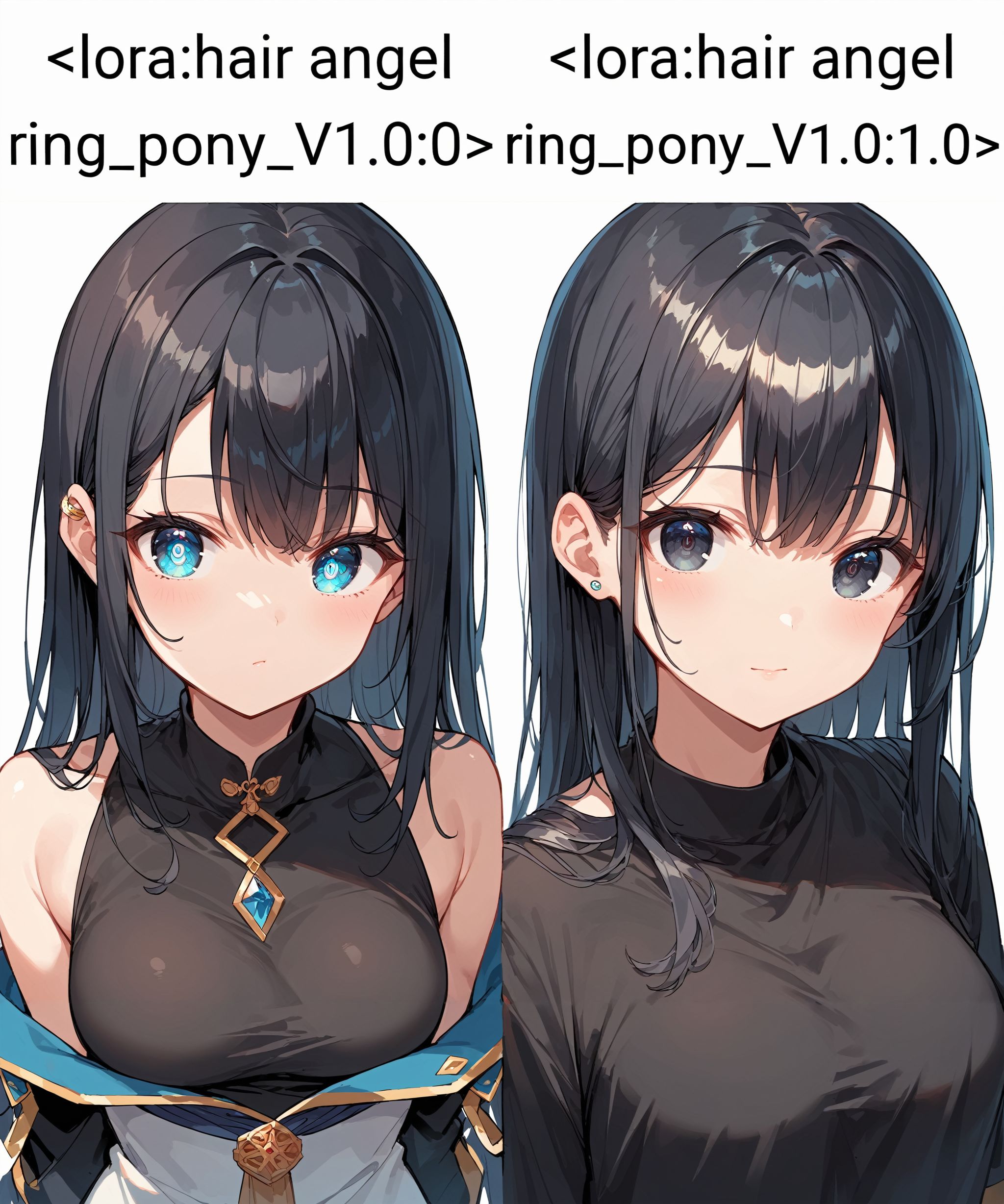 score_9, score_8_up, score_7_up,source_anime, high res image,masterpiece,best quality,girl,cute face,clear skin,shiny hair,ultra detailed eyes,simple background ,  <lora:hair angel ring_pony_V1.0:0> hair angle ring, black hair,long hair