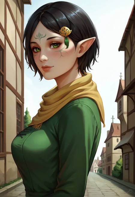 score_9,score_8_up,score_7_up, 1girl, solo, upper body, puffy green dress, long sleeves, yellow trim, low ponytai, light smile, looking at viewer, from side, blush, hair ornament, outdoors, medieval city,
<lora:YuPaChu_-_Artist_style:0.9> ss-YPC$tyl3, <lora:Merrill_Dragon_age_2:0.6> SulfS-M3rr1LL, pointy ears, face tattoo, facial mark, short hair, black hair, green eyes, yellow scarf,