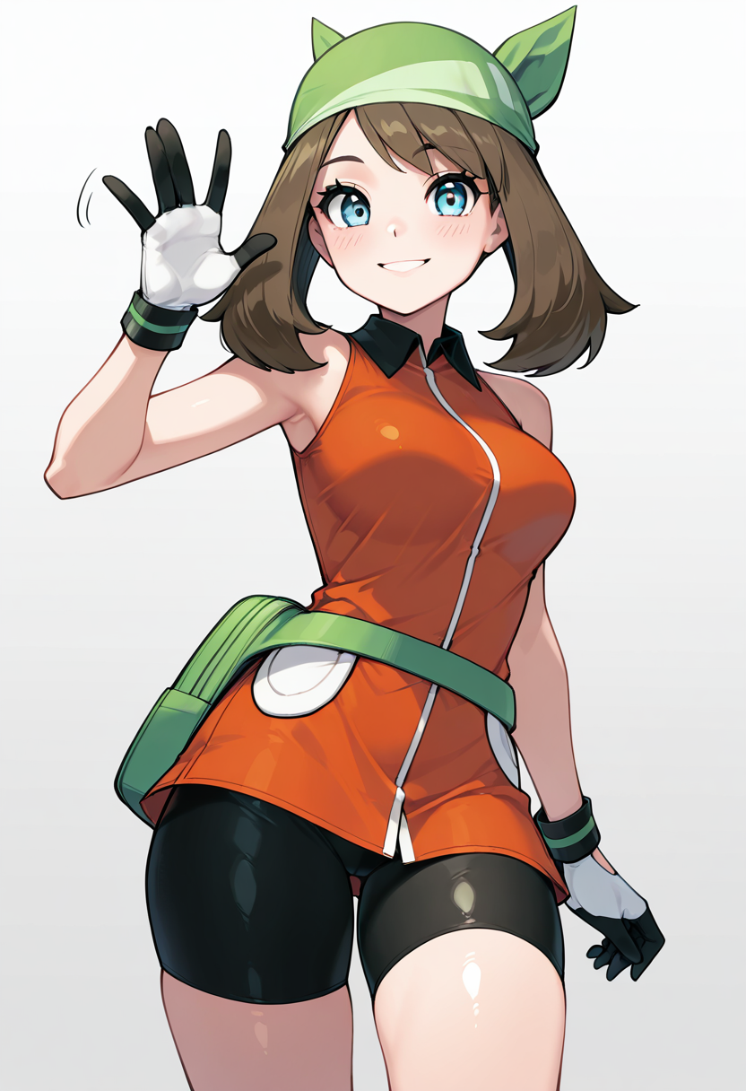 masterpiece, best quality, solo, curvy, beautiful eyes,  zzMayEm, blue eyes, brown hair, medium hair, gloves, green bandana, orange dress, bike shorts, sleeveless, fanny pack, green bag, ,<lora:MayEmeraldPokemon_IXL_v2:1.0>,one hand raised, waving, standing pose, cowboy shot, smile, shiny skin, looking at viewer,