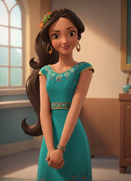 <lora:ElenaPony1.0:0.9>1girl, brown hair, solo, long hair, hoop earrings, hair flower, brown eyes, lips, smile, makeup, bracelet, ponytail, score_9, score_8_up, score_7_up, score_6_up, score_5_up, score_4_up, looking at viewer, cowboy shot,green dress, indoors, holding own arm,