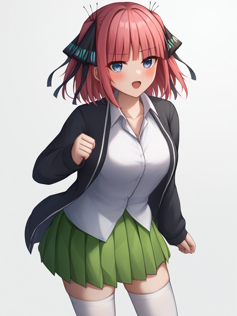 score_9,score_8_up,score_7_up,<lora:go-toubun_no_hanayome_5girl:1>,white_shirt, open_mouth, zettai_ryouiki, nakano_nino, cowboy_shot, solo, hair_ribbon, :d, dress_shirt, 1girl, white_thighhighs, highres, pleated_skirt, collarbone, green_skirt, black_ribbon, white_background, standing, collared_shirt, black_cardigan, wing_collar, blush, open_cardigan, school_uniform, long_sleeves, miniskirt, simple_background