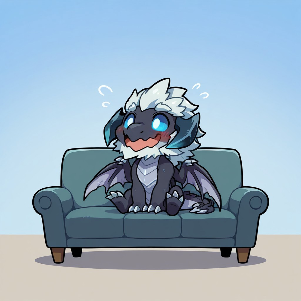 masterpiece,best quality,amazing quality, BREAK, (solo), male, dragon
, elder_dragon, low horns, upper body, wings, claws, happy, 
full body, 
wings out of frame, 
blue sky , (glowing eyes:0.6),
wavy_mouth, (blush:0.7), (chibi), sitting on the sofa