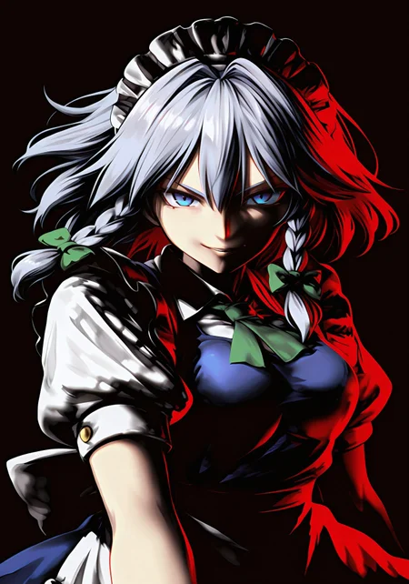 safe_pos, highres, absurdres, masterpiece, best quality, source_anime, izayoi sakuya, 1girl, solo, blue eyes, twin braids, medium breasts, maid headdress, apron, puffy sleeves, pov, looking at viewer, evil smile, dynamic pose, red shadow, black background