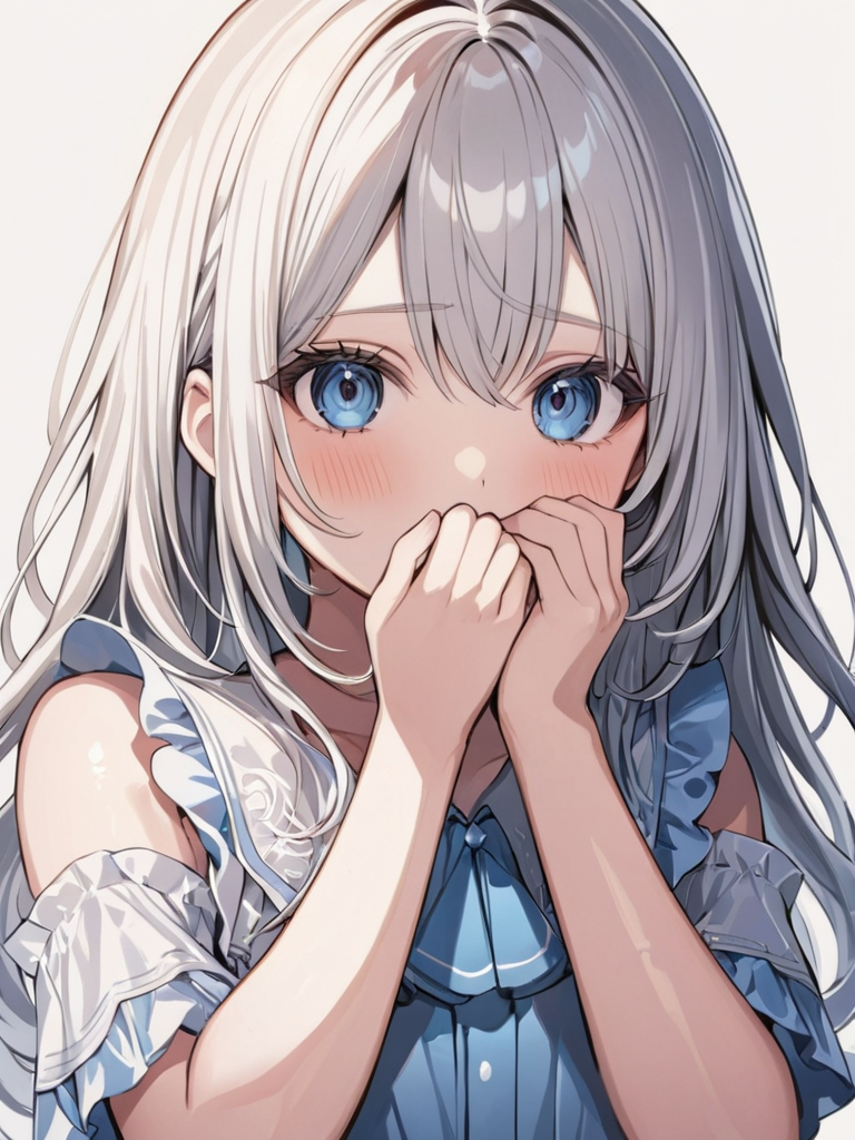 masterpiece,ultra-detailed,best quality,8K,illustration,cute face,clean skin ,shiny hair,girl,ultra-detailed-eyes,simple background, <lora:add-detail-xl:1>   <lora:hand over own mouth_XL_V1.0:1> hand over own mouth, covering own mouth, blush