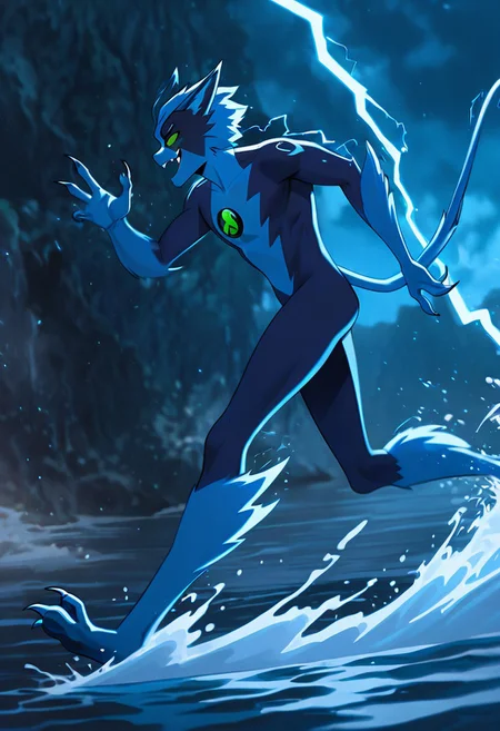 masterpiece, best quality, amazing quality, very aesthetic, absurdres, newest,, detailed background,
((digitigrade legs, ))
fastrack, solo, blue skin, green eyes, claws, green badge, fang,, feline tail, wide jaw, masculine, blue chest,
on water, splashing water, motion, smile, FlashSpeed, running, electricity, side view,