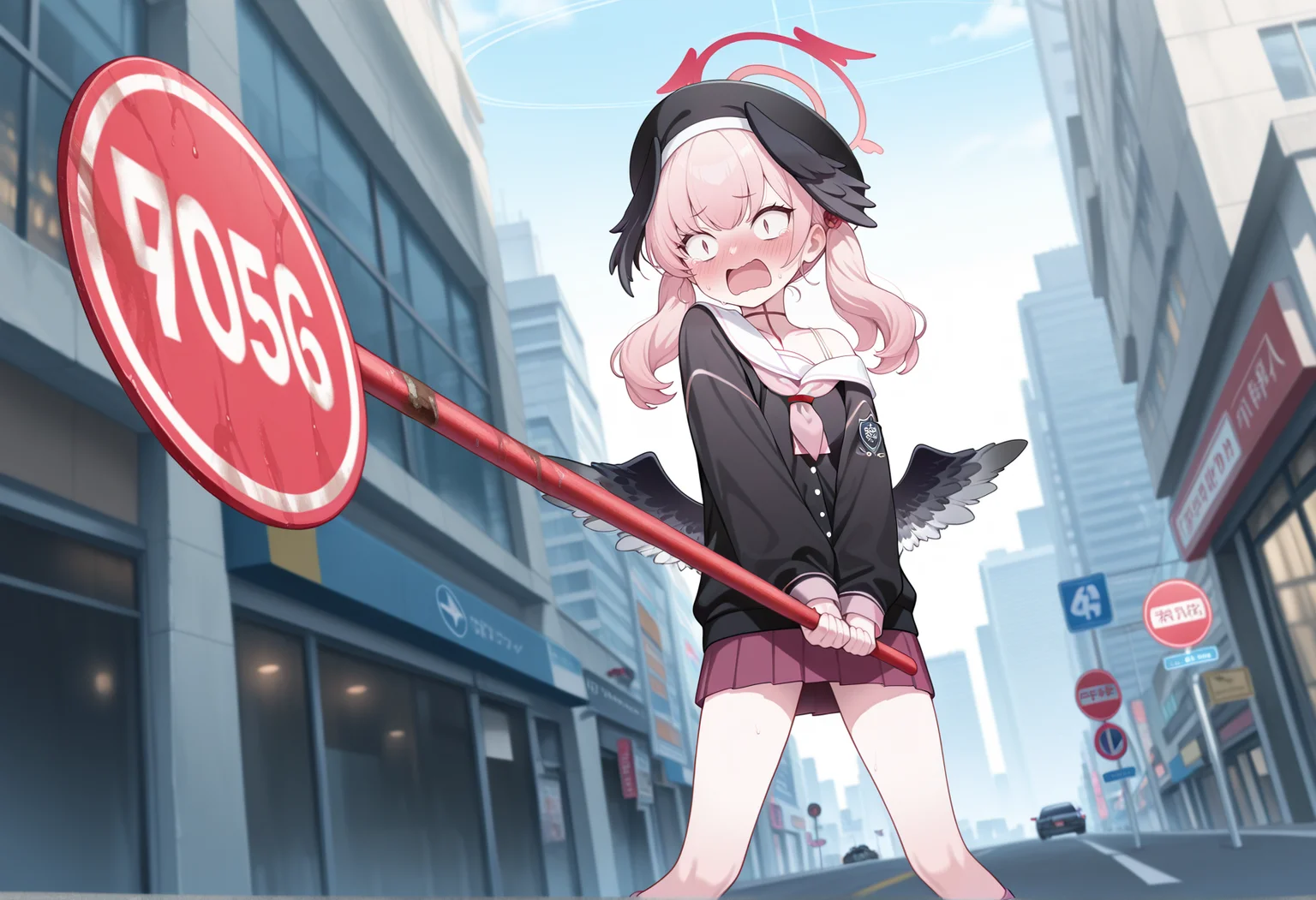 1girl, koharu \(blue archive\), solo, outdoors, city, embarrassed, panicking, wide-eyed, holding road sign, brave_pose, no entry sign, <lora:Brave_Pose:1>, masterpiece, best quality, amazing quality, very aesthetic, absurdres, highres, newest