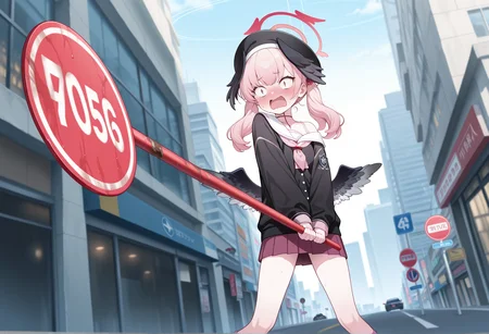 1girl, koharu \(blue archive\), solo, outdoors, city, embarrassed, panicking, wide-eyed, holding road sign, brave_pose, no entry sign, <lora:Brave_Pose:1>, masterpiece, best quality, amazing quality, very aesthetic, absurdres, highres, newest