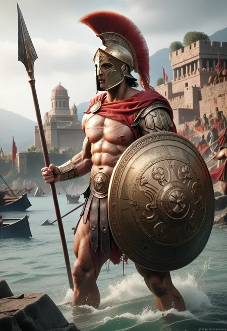 score_9, score_8_up, score_8, male spartan warrior, hyper-realistic, bronze armor, Corinthian helmet, red horsehair crest, muscular physique, large round shield, ancient Greek symbols, battle scars, long spear, poised for thrust, rugged mountainous terrain, dusty battlefield, intense focus, unyielding determination, earthy tones, bronze, brown, historical authenticity <lora:SpartanArmor:0.7> Spartan armor, Spartan helmet, red cloak, <lora:Spartan_Spear_and_Shield:0.7>, spear warrior, background ancient Greek mountain coastline with a view of the Greek Aegean Sea with boats and Greek islands, <lora:add-detail-xl:0.65>, <lora:blood bath-GMR:0.35> Blood Bath, <lora:d\EnvyActionShotXL01:0.65> action shot